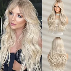 Barbiecore Movie Wigs Long Blonde Wigs with Bangs for WomenSynthetic Wavy Hair Wig with Dark Roots
