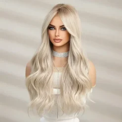 Barbiecore Movie Wigs Long Blonde Wigs with Bangs for WomenSynthetic Wavy Hair Wig with Dark Roots