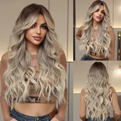 Barbiecore Movie Wigs Long Blonde Wigs with Bangs for WomenSynthetic Wavy Hair Wig with Dark Roots