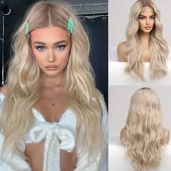 Barbiecore Movie Wigs Long Blonde Wigs with Bangs for WomenSynthetic Wavy Hair Wig with Dark Roots