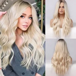 Barbiecore Movie Wigs Long Blonde Wigs with Bangs for WomenSynthetic Wavy Hair Wig with Dark Roots