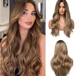 Barbiecore Movie Wigs Long Blonde Wigs with Bangs for WomenSynthetic Wavy Hair Wig with Dark Roots