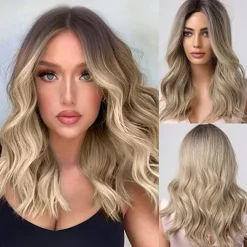 Barbiecore Movie Wigs Long Blonde Wigs with Bangs for WomenSynthetic Wavy Hair Wig with Dark Roots