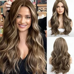 Barbiecore Movie Wigs Long Blonde Wigs with Bangs for WomenSynthetic Wavy Hair Wig with Dark Roots
