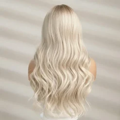 Barbiecore Movie Wigs Long Blonde Wigs with Bangs for WomenSynthetic Wavy Hair Wig with Dark Roots