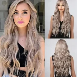 Barbiecore Movie Wigs Long Blonde Wigs with Bangs for WomenSynthetic Wavy Hair Wig with Dark Roots
