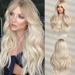 Barbiecore Movie Wigs Long Blonde Wigs with Bangs for WomenSynthetic Wavy Hair Wig with Dark Roots