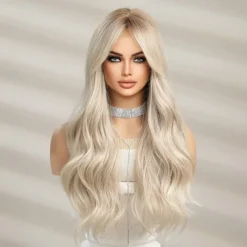 Barbiecore Movie Wigs Long Blonde Wigs with Bangs for WomenSynthetic Wavy Hair Wig with Dark Roots