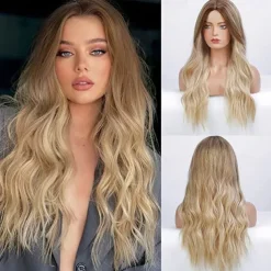 Barbiecore Movie Wigs Long Blonde Wigs with Bangs for WomenSynthetic Wavy Hair Wig with Dark Roots