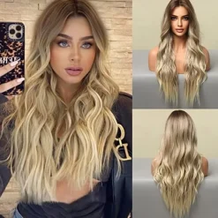 Barbiecore Movie Wigs Long Blonde Wigs with Bangs for WomenSynthetic Wavy Hair Wig with Dark Roots