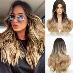 Barbiecore Movie Wigs Long Blonde Wigs with Bangs for WomenSynthetic Wavy Hair Wig with Dark Roots