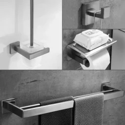 Bathroom Accessory Set 4 Piece Stainless Steel,Wall Mounted Towel Bar,Toilet Paper Holder,Toilet Brush Holder and Robe Hook,Bathroom Hardware Set(Black/Golden/Chrome/Brushed Nickel)