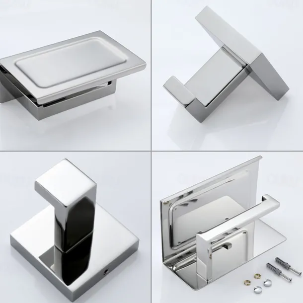 Bathroom Accessory Set 4 Piece Stainless Steel,Wall Mounted Towel Bar,Toilet Paper Holder,Toilet Brush Holder and Robe Hook,Bathroom Hardware Set(Black/Golden/Chrome/Brushed Nickel)