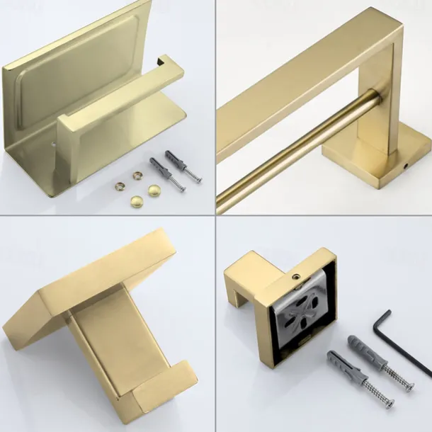 Bathroom Accessory Set 4 Piece Stainless Steel,Wall Mounted Towel Bar,Toilet Paper Holder,Toilet Brush Holder and Robe Hook,Bathroom Hardware Set(Black/Golden/Chrome/Brushed Nickel)