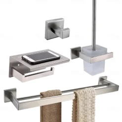 Bathroom Accessory Set 4 Piece Stainless Steel,Wall Mounted Towel Bar,Toilet Paper Holder,Toilet Brush Holder and Robe Hook,Bathroom Hardware Set(Black/Golden/Chrome/Brushed Nickel)