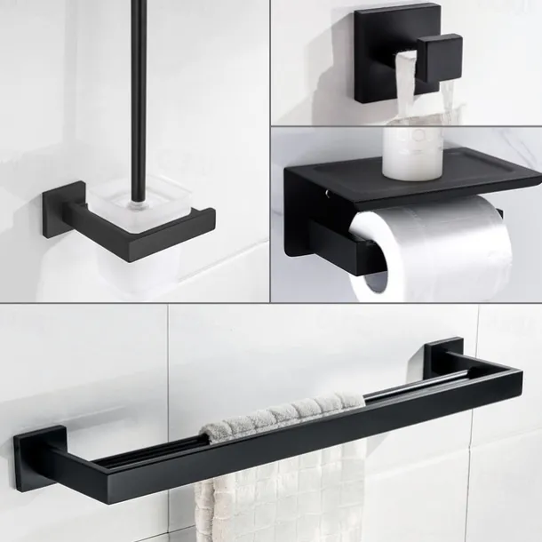 Bathroom Accessory Set 4 Piece Stainless Steel,Wall Mounted Towel Bar,Toilet Paper Holder,Toilet Brush Holder and Robe Hook,Bathroom Hardware Set(Black/Golden/Chrome/Brushed Nickel)