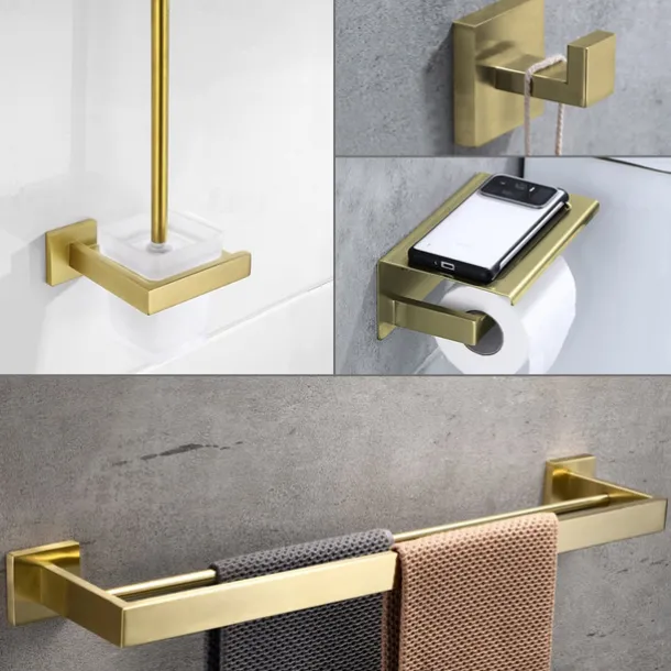 Bathroom Accessory Set 4 Piece Stainless Steel,Wall Mounted Towel Bar,Toilet Paper Holder,Toilet Brush Holder and Robe Hook,Bathroom Hardware Set(Black/Golden/Chrome/Brushed Nickel)