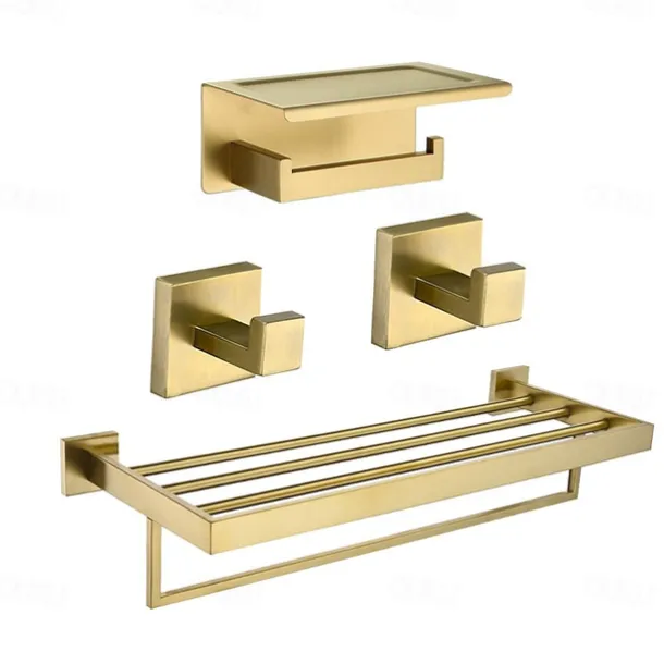 Bathroom Accessory Set,Brushed Golden Stainless Steel Wall Mounted Hardware Sets,Includeing 2 Robe Hooks, 1 Toilet Paper Holder,1 Towel Rack