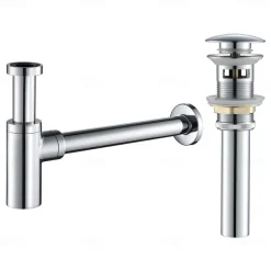 Bathroom Brass Contemporary Round Bottle P Trap Lavatory Adjustable Basin Sink Waste Drain P-Trap Kit with Pop up Drain(Silvery,Black)