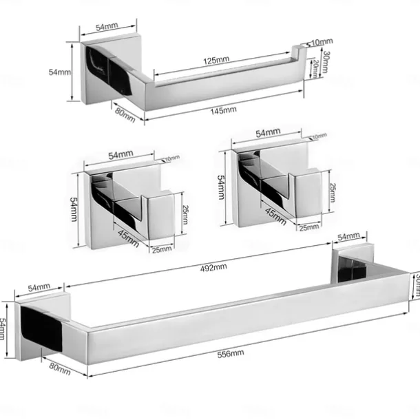 Bathroom Hardware Set 4 Pieces, SUS304 Stainless Steel Remodeled Wall Mounted Bathroom Accessories, Include 2 Robe Hook,1 Towel Bar,1 Toilet Paper Holder