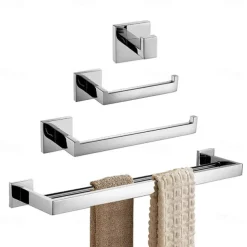 Bathroom Hardware Set 4 Pieces, SUS304 Stainless Steel Wall Mounted Bathroom Accessories, Include Robe Hook, Toilet Paper Holder, Towel Holder, Towel Bar