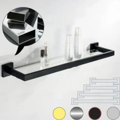 Bathroom Shelves Bathroom Tempered Glass Shelf, Sainless Steel Shower Wall Shelves No Drilling Towel Racks Rectangular 1 Tier Wall Mounted Mirror Front Shelf