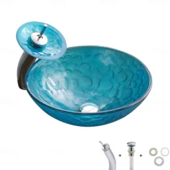 Bathroom Sink / Bathroom Faucet / Bathroom Mounting Ring Vanity Wash Basin - Tempered Glass Round Vessel Sink