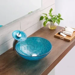 Bathroom Sink / Bathroom Faucet / Bathroom Mounting Ring Vanity Wash Basin - Tempered Glass Round Vessel Sink