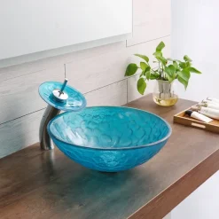 Bathroom Sink / Bathroom Faucet / Bathroom Mounting Ring Vanity Wash Basin - Tempered Glass Round Vessel Sink