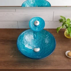 Bathroom Sink / Bathroom Faucet / Bathroom Mounting Ring Vanity Wash Basin - Tempered Glass Round Vessel Sink