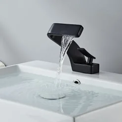 Bathroom Sink Faucet, 7-shaped Bend Waterfall Mixer Basin Taps Single Handle One Hole Vessel Taps with Hot and Cold Water Hose