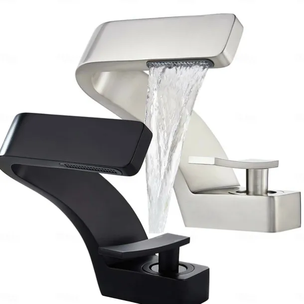 Bathroom Sink Faucet, 7-shaped Bend Waterfall Mixer Basin Taps Single Handle One Hole Vessel Taps with Hot and Cold Water Hose