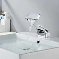 Bathroom Sink Faucet, 7-shaped Bend Waterfall Mixer Basin Taps Single Handle One Hole Vessel Taps with Hot and Cold Water Hose