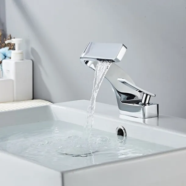 Bathroom Sink Faucet, 7-shaped Bend Waterfall Mixer Basin Taps Single Handle One Hole Vessel Taps with Hot and Cold Water Hose