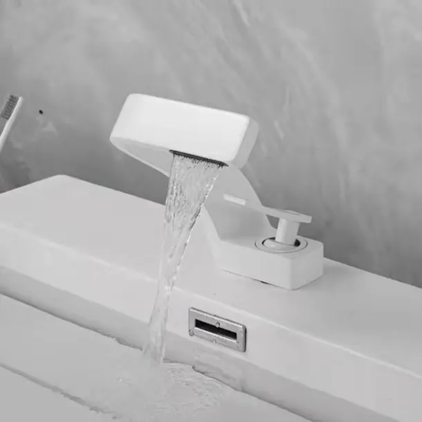 Bathroom Sink Faucet, 7-shaped Bend Waterfall Mixer Basin Taps Single Handle One Hole Vessel Taps with Hot and Cold Water Hose