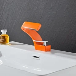 Bathroom Sink Faucet, 7-shaped Bend Waterfall Mixer Basin Taps Single Handle One Hole Vessel Taps with Hot and Cold Water Hose