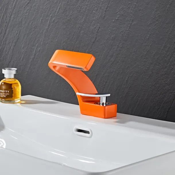 Bathroom Sink Faucet, 7-shaped Bend Waterfall Mixer Basin Taps Single Handle One Hole Vessel Taps with Hot and Cold Water Hose