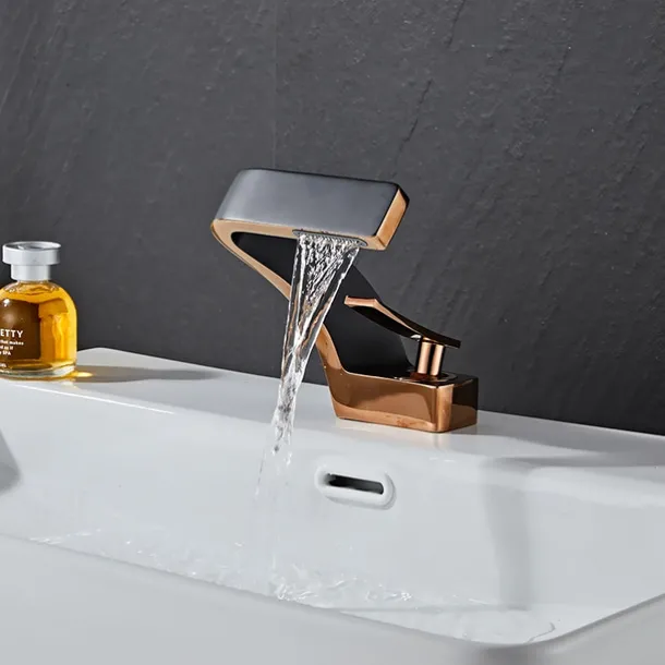 Bathroom Sink Faucet, 7-shaped Bend Waterfall Mixer Basin Taps Single Handle One Hole Vessel Taps with Hot and Cold Water Hose