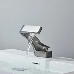 Bathroom Sink Faucet, 7-shaped Bend Waterfall Mixer Basin Taps Single Handle One Hole Vessel Taps with Hot and Cold Water Hose