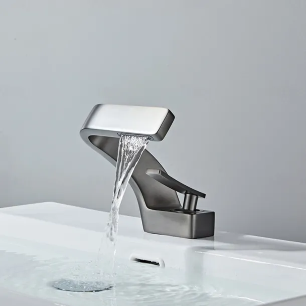Bathroom Sink Faucet, 7-shaped Bend Waterfall Mixer Basin Taps Single Handle One Hole Vessel Taps with Hot and Cold Water Hose