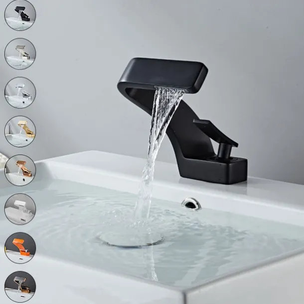Bathroom Sink Faucet, 7-shaped Bend Waterfall Mixer Basin Taps Single Handle One Hole Vessel Taps with Hot and Cold Water Hose