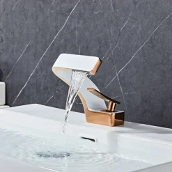 Bathroom Sink Faucet, 7-shaped Bend Waterfall Mixer Basin Taps Single Handle One Hole Vessel Taps with Hot and Cold Water Hose