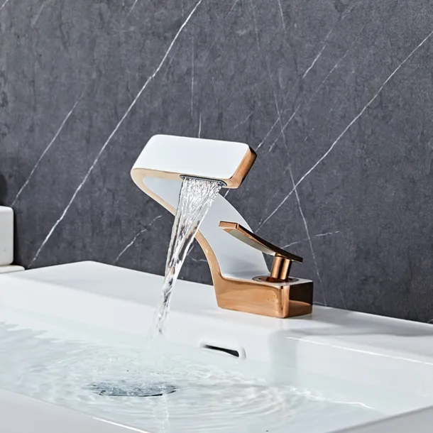 Bathroom Sink Faucet, 7-shaped Bend Waterfall Mixer Basin Taps Single Handle One Hole Vessel Taps with Hot and Cold Water Hose