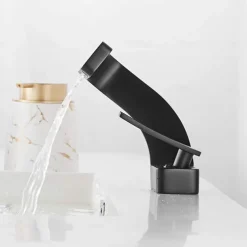 Bathroom Sink Faucet, 7-shaped Bend Waterfall Mixer Basin Taps Single Handle One Hole Vessel Taps with Hot and Cold Water Hose