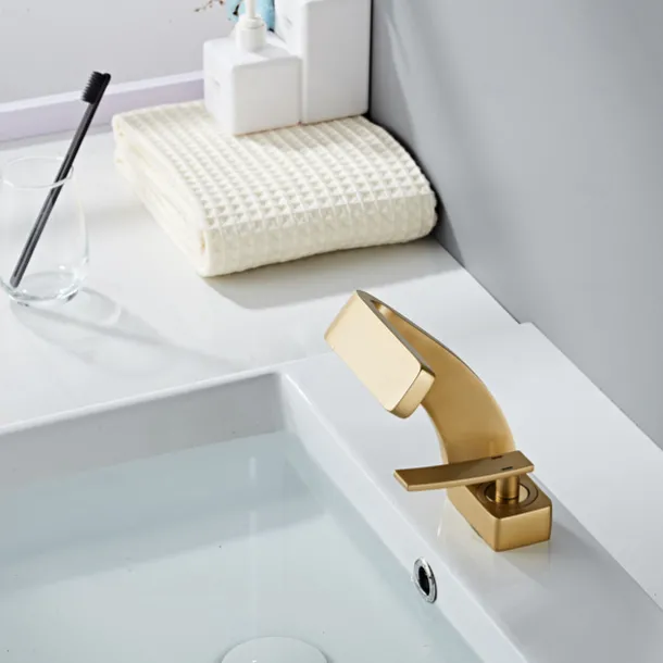 Bathroom Sink Faucet, 7-shaped Bend Waterfall Mixer Basin Taps Single Handle One Hole Vessel Taps with Hot and Cold Water Hose