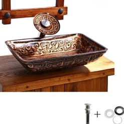 Bathroom Sink Faucet Suit Contain with Zinc Alloy Bathroom Mounting Ring Antique Tempered Glass Rectangular Vessel Sink and Brass Water Drain