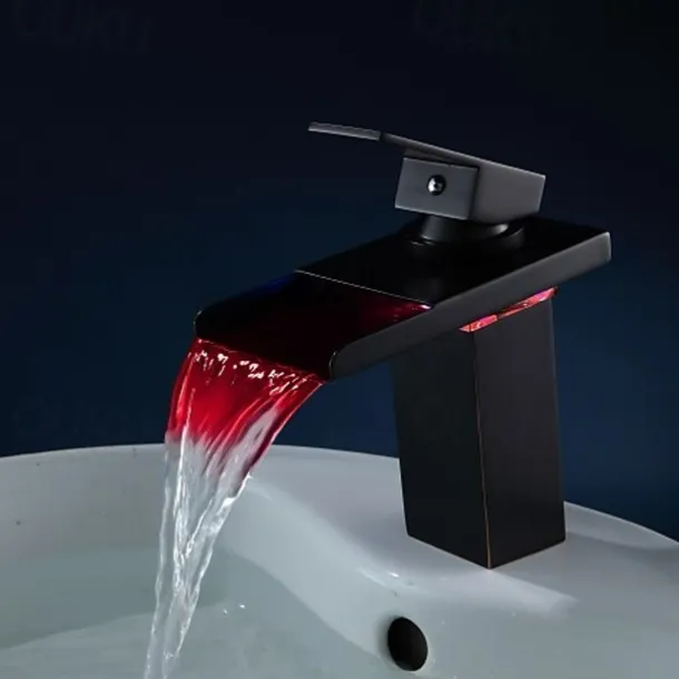 Bathroom Sink Faucet with Supply Hose,LED Waterfall Spout Single Handle Single Hole Vessel Lavatory Faucet,Slanted Body Basin Mixer Tap