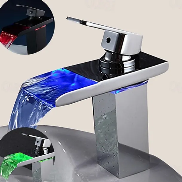 Bathroom Sink Faucet with Supply Hose,LED Waterfall Spout Single Handle Single Hole Vessel Lavatory Faucet,Slanted Body Basin Mixer Tap