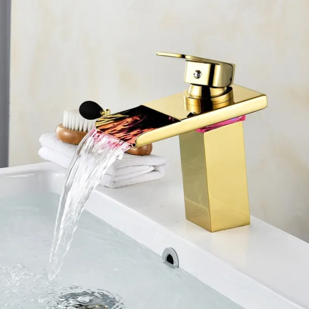 Bathroom Sink Faucet with Supply Hose,LED Waterfall Spout Single Handle Single Hole Vessel Lavatory Faucet,Slanted Body Basin Mixer Tap