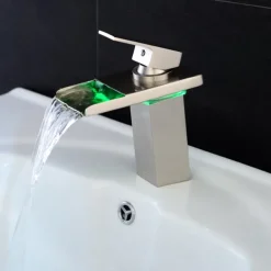 Bathroom Sink Faucet with Supply Hose,LED Waterfall Spout Single Handle Single Hole Vessel Lavatory Faucet,Slanted Body Basin Mixer Tap